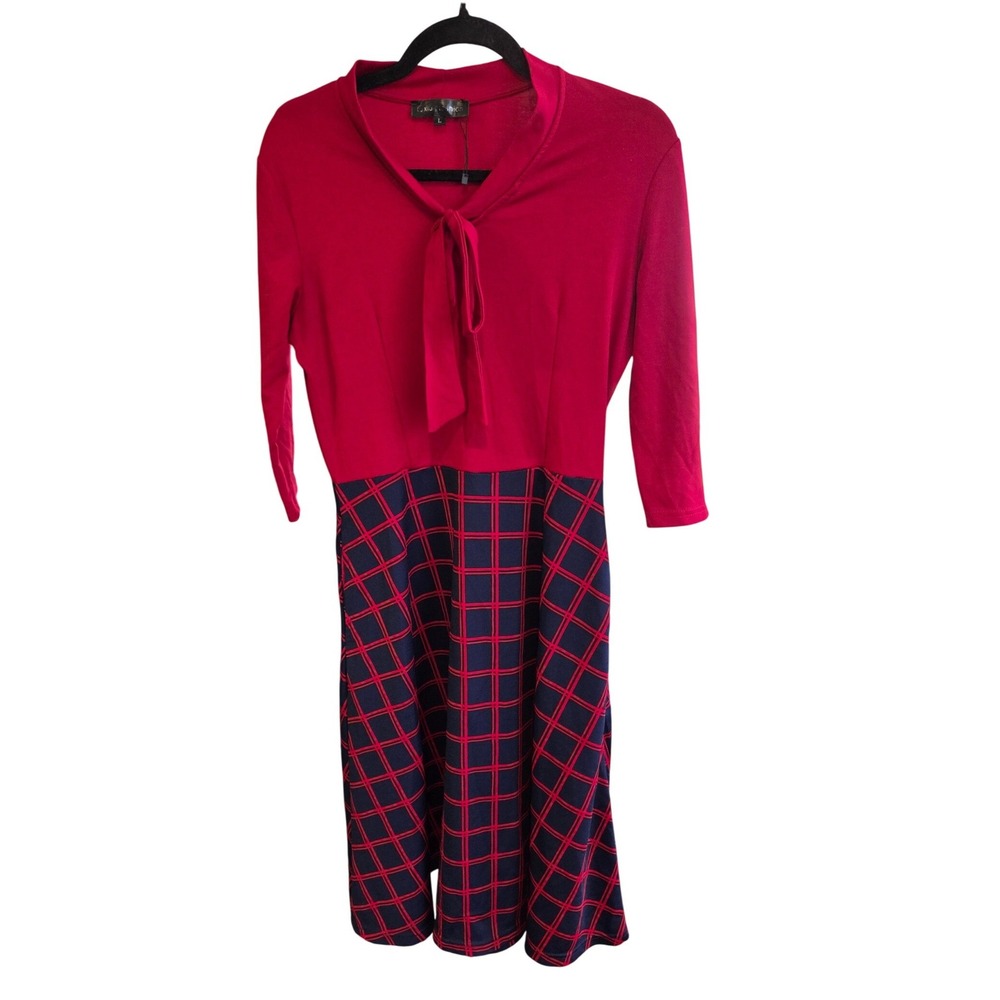 Xiu Fashion Womens Red Plaid Tie Neck 3/4 Sleeve‎ Fit Flare Dress Size L